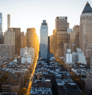 City with skyscrapers at the sunrise