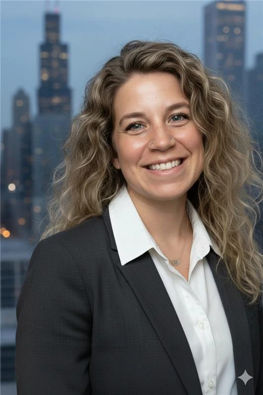 Samantha Christy, a woman in a suit and tie, smiles confidently in front of a vibrant city skyline