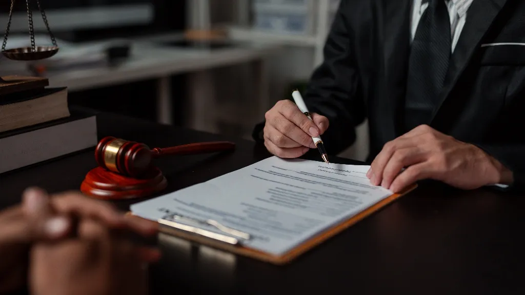 Person in formal attire signing legal documents at desk with gavel and scales of justice.